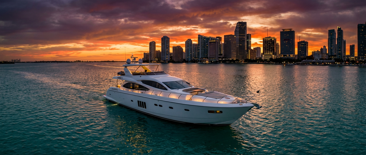 Luxury yacht cruising Miami Biscayne Bay at golden hour sunset